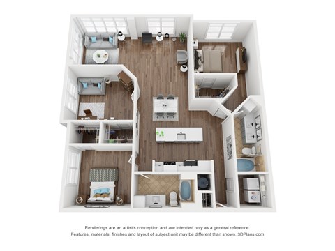 A 3D floor plan of a house with a kitchen, living room, and two bedrooms.